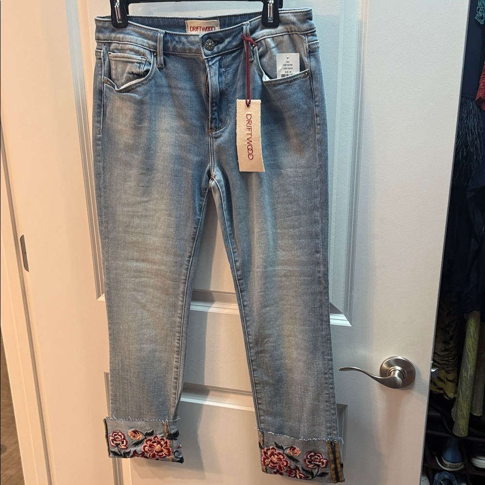 DRIFTWOOD Light Blue Colette Boyfriend Jeans with Embroidered Cuffs